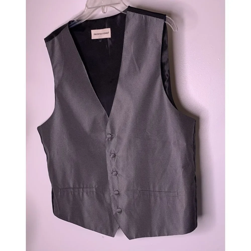 Pronto Uomo Men's 3‎ Piece Tuxedo 100% Wool Sz 43L Black with Vest Blk/Silver Gr